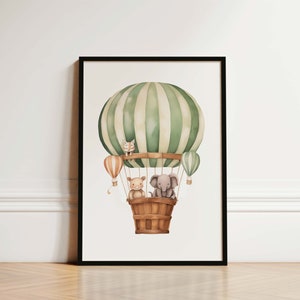 Green Nursery Print, Elephant & Pig In Hot Air Balloon, Boho Nursery Wall Art, Boys Bedroom Decor, Cute Nursery Decor, Animal Nursery Prints