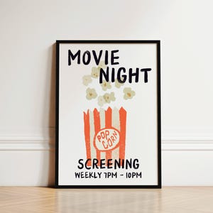 Movie Night Popcorn Print, Movie Poster, Home Cinema Poster, Movie Prints, Cinema Room Decor, Cinephile Gift, Film Print, Movie Wall Art