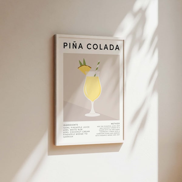 Pina Colada Cocktail Print, Kitchen Print, Dining Room Wall Art, Home Bar Accessories, Mixology Recipe, Best Friend Gift, Bar Cart Poster