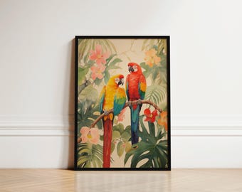 Parrot Jungle Wall Art Print, Bright Tropical Bird Poster, Island Luxe Living Room Decor, Colourful Rainforest Print, Resortcore Boho Style
