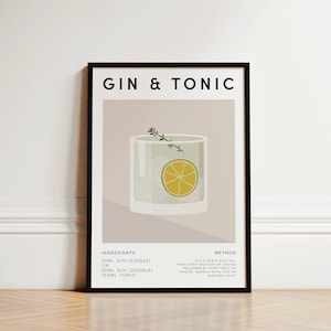 Gin And Tonic Print, Gin Print, Cocktail Print, Gin And Tonic Poster, Kitchen Prints, Gin Wall Art, Home Bar Decor, Cocktail Mixology Recipe