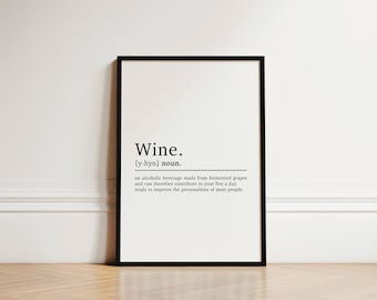 May include: A framed print featuring the definition of "Wine." The black frame encloses a white background with black text. The definition includes the pronunciation, the word "noun," and a humorous description of wine's effects.