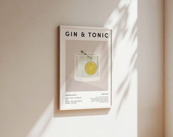 Gin And Tonic Cocktail Print, Kitchen Bar Drink Poster, Dining Room Wall Art, Home Bar Accessories, Mixology Recipe, Best Friend Gift, G&T