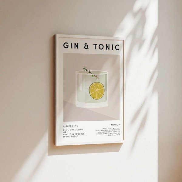 Gin And Tonic Cocktail Print, Kitchen Bar Drink Poster, Dining Room Wall Art, Home Bar Accessories, Mixology Recipe, Best Friend Gift, G&T