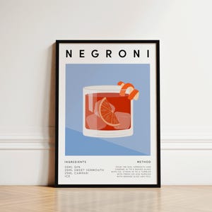 Impresión de Negroni, Impresión de cóctel, Póster de Negroni, Impresiones de cocina, Póster de cóctel, Arte con receta de Negroni, Regalo para amantes de los cócteles, Letrero decorativo para carrito de bar