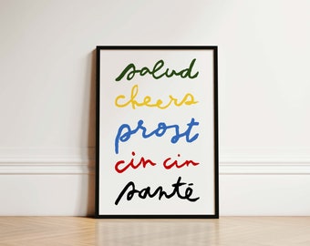 Colourful Cheers Kitchen Print, Kitchen Print, Retro Kitchen Decor, Kitchen Gift, Cheers Poster, Kitchen Wall Art, Salud, Prost, Cin Cin