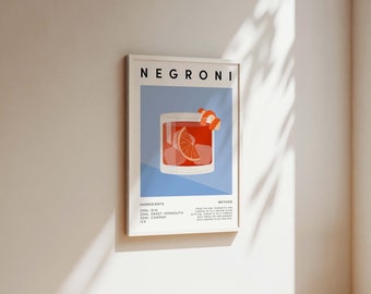 Negroni Cocktail Print, Kitchen Bar Drink Poster, Dining Room Wall Art, Home Bar Accessories, Mixology Recipe, Best Friend Gift, Alcohol Art