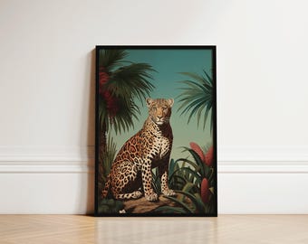 Leopard Tropical Wall Art Print, Colourful Jungle Animal Poster, Island Luxe Bedroom Decor, Boho Jungle Print, Resortcore Nature Art Decor