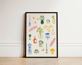 Retro Dinner Table Kitchen Print, Kitchen Poster, Food And Drink Illustration Poster, Colourful Kitchen Prints, Kitchen Print, Bar Cart Art