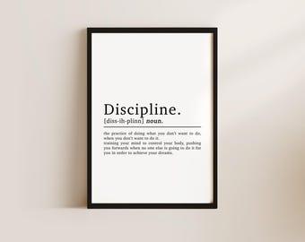 Puede incluir: Arte de pared imprimible en blanco y negro con la definición de la palabra "disciplina" en una fuente simple y moderna.