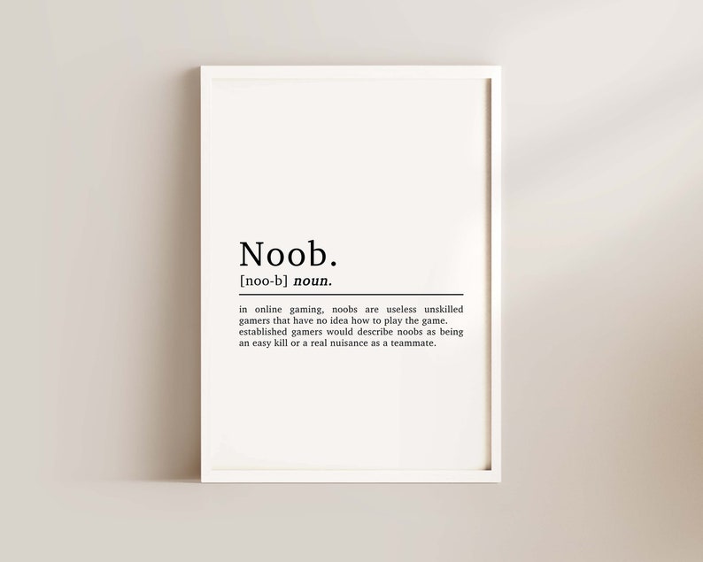 Noob Definition Gaming Print, Gaming Poster, Gaming Gifts, Boys Bedroom Decor, Gaming Decor, Gamer Gifts, Gaming Wall Art, Games Room Print White Frame