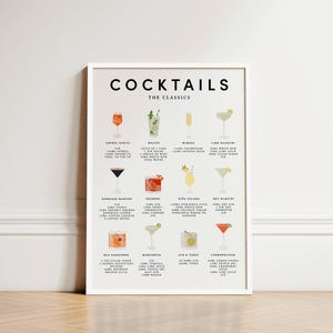 Impresión de cócteles, guía de cócteles clásicos, póster de cócteles, arte mural de cócteles, regalo de cócteles, impresión de cocina, decoración de bar para el hogar, ilustraciones de cócteles
