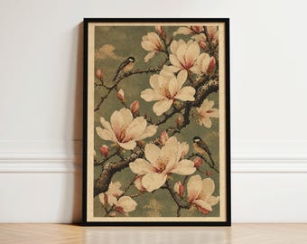 Japanese Magnolia Blossom Print, Vintage Botanical Bird Wall Art