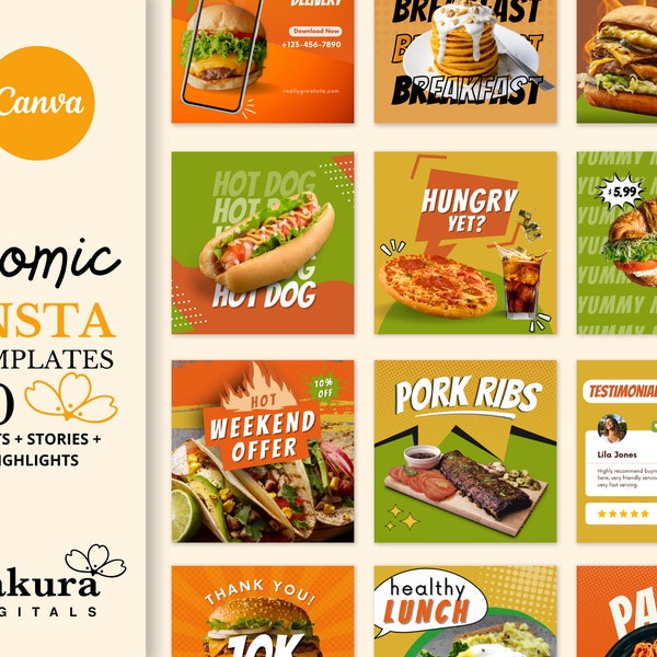 Instagram Templates: Tasty Food for Canva, Chef template, Food Bloggers, Restaurante Template, fast food, Food design, comic food post