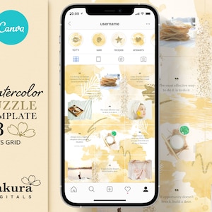 Aquarell Aesthetische Instagram Puzzle Vorlage + Highlights für Canva | Instagram Post Vorlagen, Social Media Puzzle, Fotocollage
