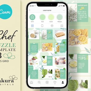 Instagram Puzzle Template: organic / vegan food. Editable in Canva, Seamless Grid, Photo collage, premade feed, instagram posts templates