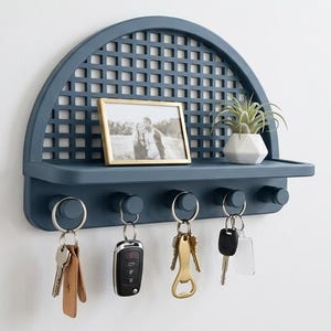 May include: A semi-circular blue wall-mounted shelf featuring a grid-patterned back panel, a flat display surface, and five cylindrical hooks. The shelf holds a rectangular gold-toned picture frame and a small white potted plant.