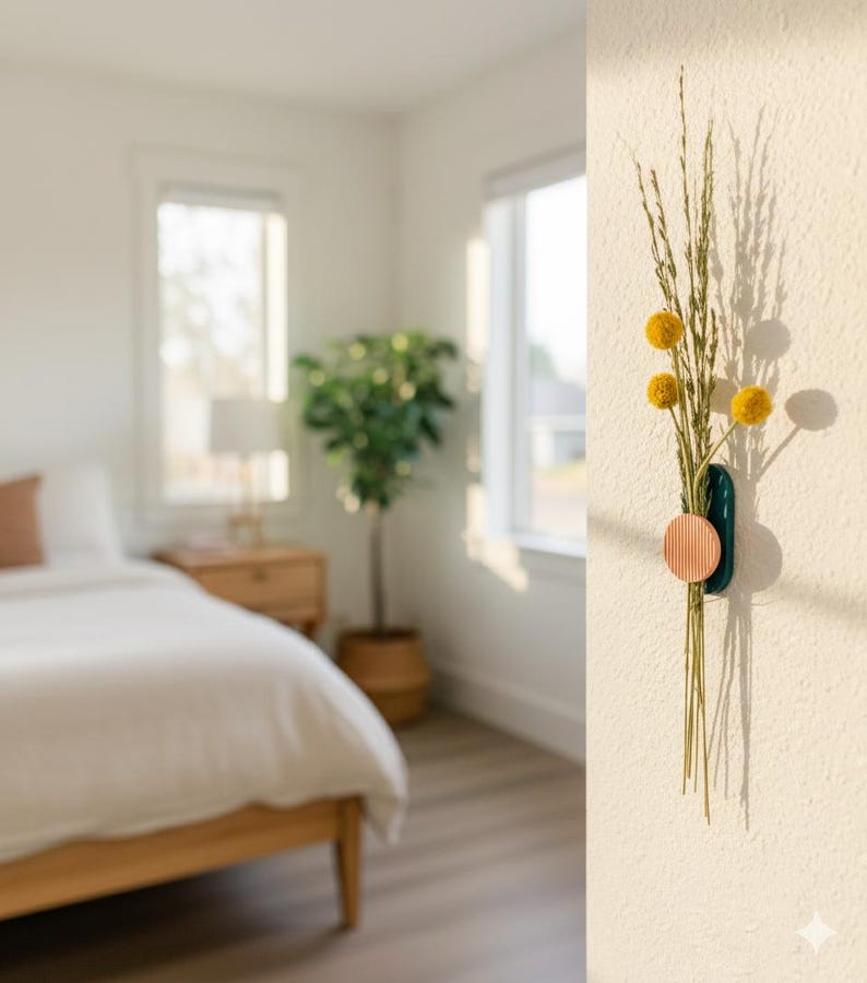 May include: A teal and copper-coloured wall vase holding dried yellow flowers and grasses. The vase is mounted on a textured, off-white wall. The background shows a bedroom with a bed and a potted plant.