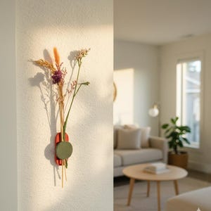 May include: A wall-mounted vase with dried flowers. The vase has a red rectangular base and a green circular accent. The flowers include purple, yellow, and green stems, creating a natural, minimalist aesthetic. The vase is mounted on a white wall.