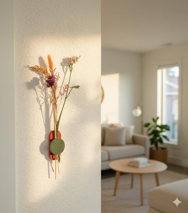 May include: A wall-mounted vase with dried flowers. The vase has a red rectangular base and a green circular accent. The flowers include purple, yellow, and green stems, creating a natural, minimalist aesthetic. The vase is mounted on a white wall.
