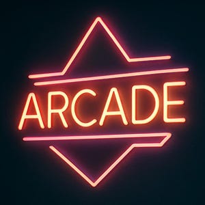 May include: A neon sign displaying the word "ARCADE" in a retro font, with pink and red outlines. The sign is set against a dark background, with arcade game machines visible in the blurred background, suggesting a gaming environment.
