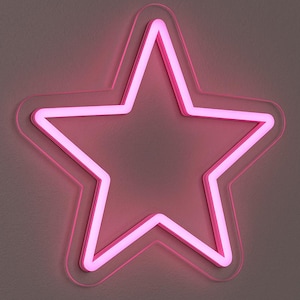 May include: A pink neon star light. The star shape is illuminated with a bright pink neon glow, framed by a clear acrylic border. The light is mounted on a neutral wall, offering a modern and decorative touch to any space.