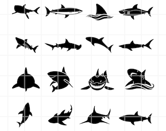 Conjunto de imágenes prediseñadas de tiburones en formato SVG, PNG y AI. Ilustración vectorial. Archivos de corte (descarga digital).