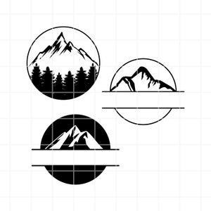 May include: Three black and white mountain silhouette designs. The first design features a mountain range with a forest of trees at the base. The second and third designs feature a single mountain with a blank space for text.