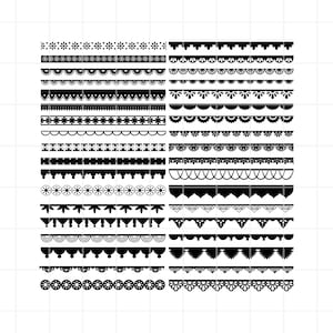 Könnte beinhalten: Eine Sammlung schwarzer dekorativer Bordürendesigns. Die Bordüren weisen verschiedene Muster auf, darunter florale, gewellte und geometrische Formen. Diese Designs eignen sich für digitales Scrapbooking, Kartenherstellung oder andere Bastelprojekte.