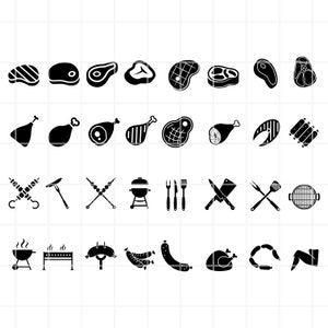 Könnte beinhalten: Schwarz-weiße Symbole für verschiedene Grill- und Barbecue-Artikel, darunter Fleisch, Spieße, Grillwerkzeuge und Grills.