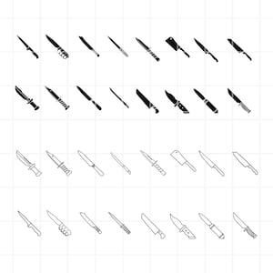 May include: A set of 40 black and white knife icons. The icons depict various types of knives, including kitchen knives, hunting knives, and pocket knives.