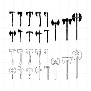 Pode incluir: Um conjunto de 20 ilustrações de machados e machadinhas em preto e branco. Os machados são de vários estilos, incluindo machados de dupla cabeça, machados de uma só cabeça e machadinhas.