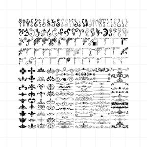 Könnte beinhalten: Eine große Sammlung von schwarzen und weißen dekorativen Designelementen, darunter Schwünge, Ecken, Rahmen und Trennlinien. Diese Elemente können für Scrapbooking, Kartenherstellung, Einladungen und andere Bastelprojekte verwendet werden.