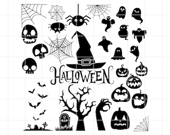 Puede incluir: Clipart de Halloween en blanco y negro con un sombrero de bruja, fantasmas, murciélagos, arañas, calabazas, un árbol espeluznante, una lápida y la palabra "HALLOWEEN".