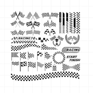 May include: Black and white checkered racing flag design elements. Includes various flag shapes, checkered banners, and the words "Racing", "Start", and "Finish".