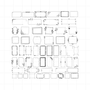 May include: A set of 48 hand-drawn black and white frame borders. The frames are various shapes and sizes, including square, rectangle, oval, and circle. Some frames have decorative elements like leaves, hearts, and dots.