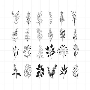 May include: A set of 24 black and white line drawings of various floral and botanical elements. The illustrations feature simple, stylized designs of leaves, branches, and flowers.
