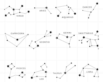 May include: A black and white illustration of the 12 zodiac signs. Each sign is represented by a constellation of stars connected by dotted lines. The signs are labeled with their names: Aries, Taurus, Gemini, Cancer, Leo, Virgo, Libra, Scorpio, Sagittarius, Capricorn, Aquarius, and Pisces.