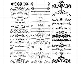 Puede incluir: Un conjunto de 20 bordes decorativos en blanco y negro, que incluyen espirales, florituras y líneas. Estos bordes se pueden utilizar para una variedad de proyectos de diseño, como invitaciones, tarjetas y scrapbooking.