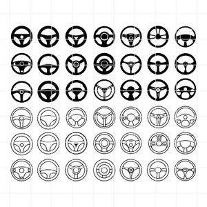 Pode incluir: Um conjunto de 40 ícones de volante preto e branco. Os ícones são todos de formas e tamanhos diferentes, e todos têm forma circular.