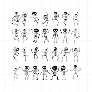 May include: A black and white illustration featuring multiple dancing skeletons in different poses. Each skeleton has a round head and is depicted with rib cages, arms, and legs. Some skeletons are wearing hats. Ideal for Halloween or Day of the Dead.