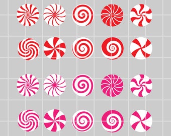 May include: Twenty-four red and white peppermint candy swirl designs. The candy swirls are arranged in a grid pattern.