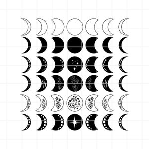 May include: A set of 36 black and white moon phase illustrations. The moon phases are arranged in a grid pattern, with each phase represented by a different design. The designs include simple crescent moons, full moons, and moons with stars, flowers, and other decorative elements.