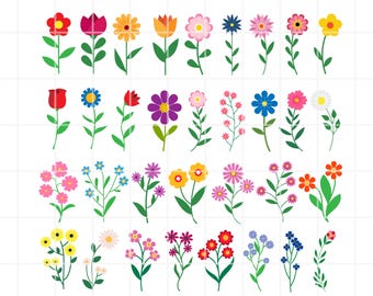 May include: A collection of 36 colorful flower illustrations, each with a unique design and color scheme. The flowers are arranged in rows and are perfect for crafting, scrapbooking, or digital design projects.