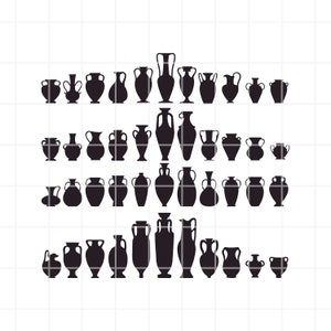 May include: A collection of 40 black silhouette images of various styles of ancient Greek urns and vases.