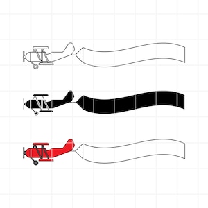 May include: Three illustrations of airplanes pulling banners. The top airplane is white, the middle airplane is black, and the bottom airplane is red. Each airplane has a banner trailing behind it.