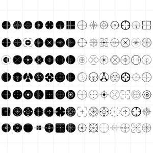 May include: A grid of black and white crosshair designs. The crosshairs vary in style, including circles, squares, and cross shapes. Some have additional markings, dots, or lines within the central area.