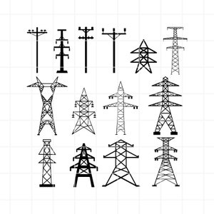 Può includere: Un set di 12 illustrazioni in bianco e nero di diversi tipi di torri di trasmissione di energia elettrica. Le torri sono mostrate in vari stili e configurazioni, alcune con più traverse e altre con una sola traversa. Le illustrazioni sono semplici e pulite e sarebbero adatte per l'uso in una varietà di applicazioni, come materiali educativi, disegni tecnici o grafica di siti web.