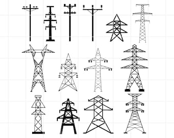 May include: A set of 12 black and white illustrations of different types of electrical power transmission towers. The towers are shown in various styles and configurations, with some having multiple crossbars and others having single crossbars. The illustrations are simple and clean, and they would be suitable for use in a variety of applications, such as educational materials, technical drawings, or website graphics.
