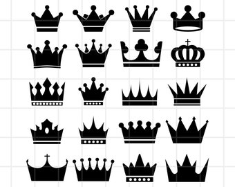 May include: A set of 20 black crown silhouettes, each with a unique design. The crowns are arranged in a grid pattern on a white background.